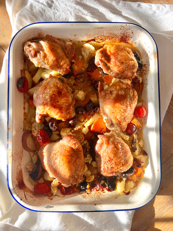 EASY one-tray chicken, olive & date bake